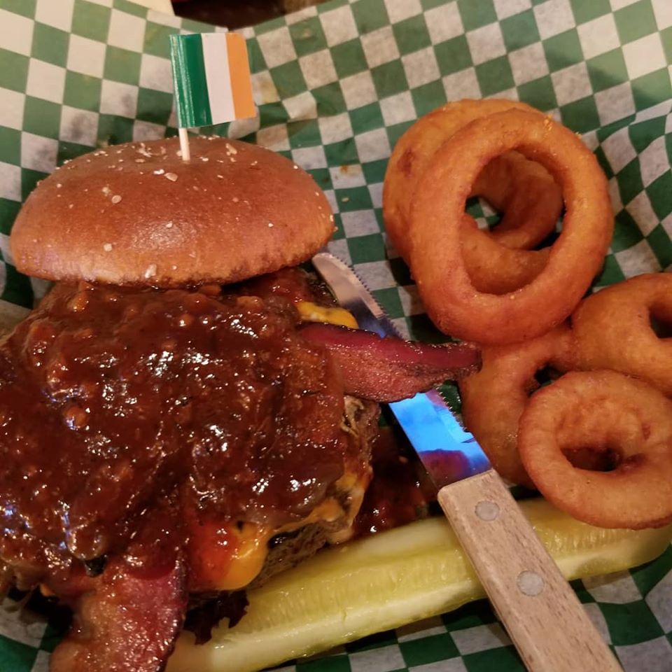 Burger and onion rings